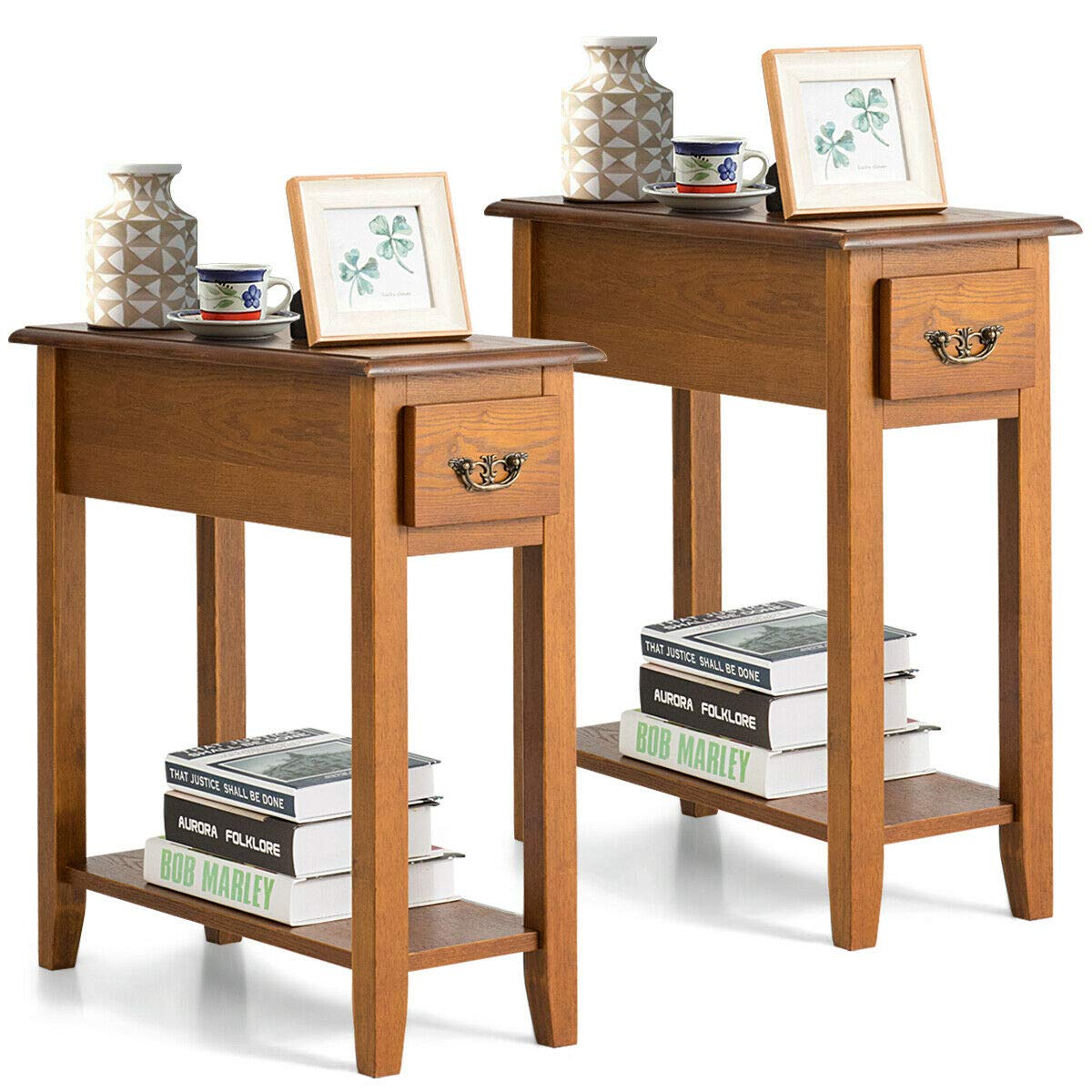 Table d'appoint étroite Tangkula, table d'appoint fine avec tiroir et étagère ouverte